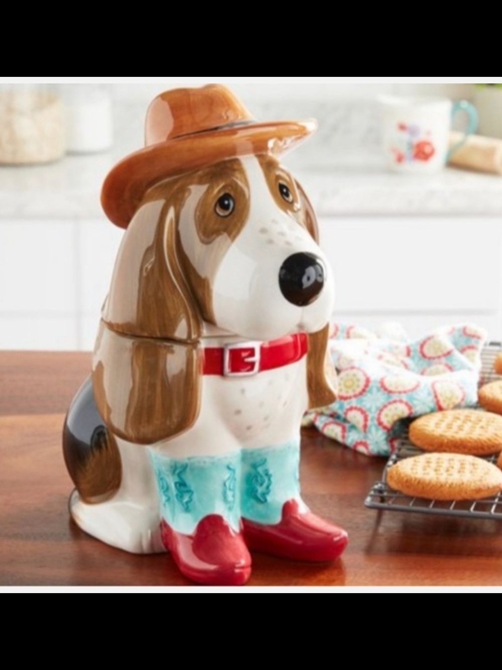 The Pioneer Woman Brown Dog Cookie Jar with Red Boots and Turquoise Accents